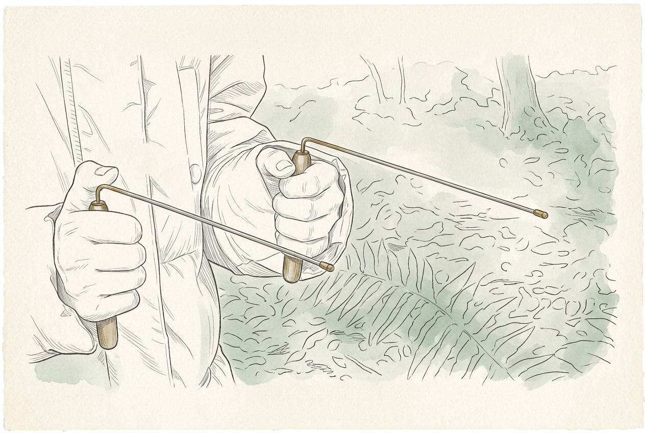 Planche dessinée : mains tenant deux baguettes coudées en laiton, poings souples pouce vers le haut, cotes techniques annotées.