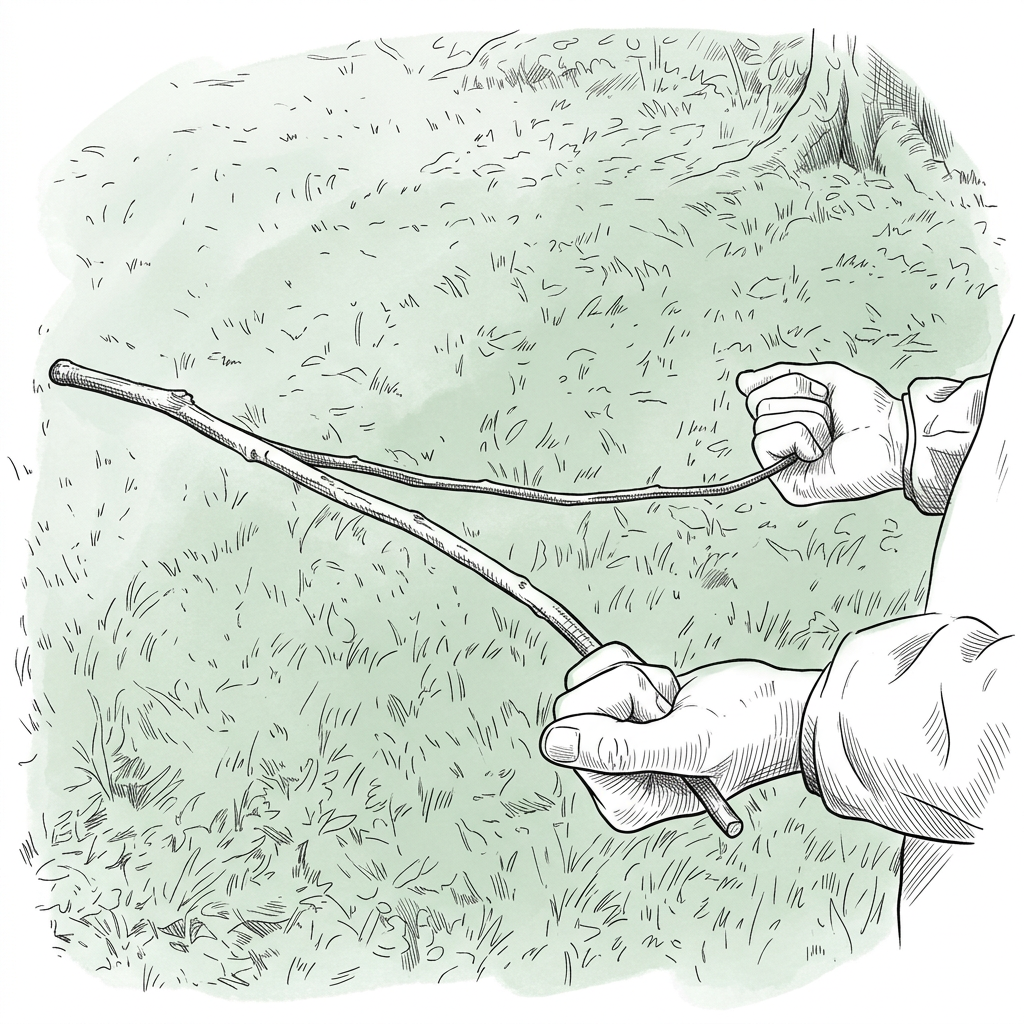 Planche dessinée : baguette en Y de coudrier tenue à deux mains, paumes vers le haut, branches en tension élastique et pointe à l'horizontale.