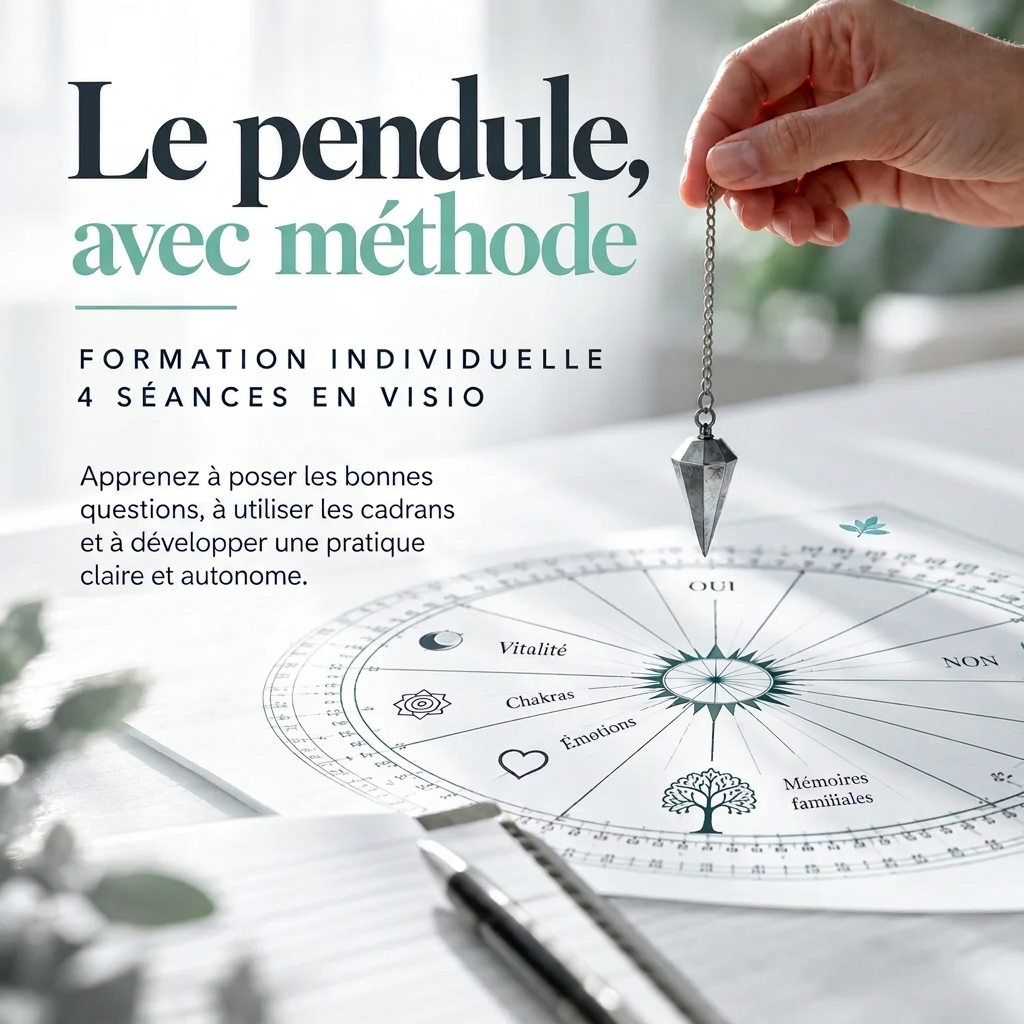 Le pendule avec méthode : une main tient un pendule au-dessus d’un cadran de radiesthésie, pour une formation individuelle en 4 séances en visio.