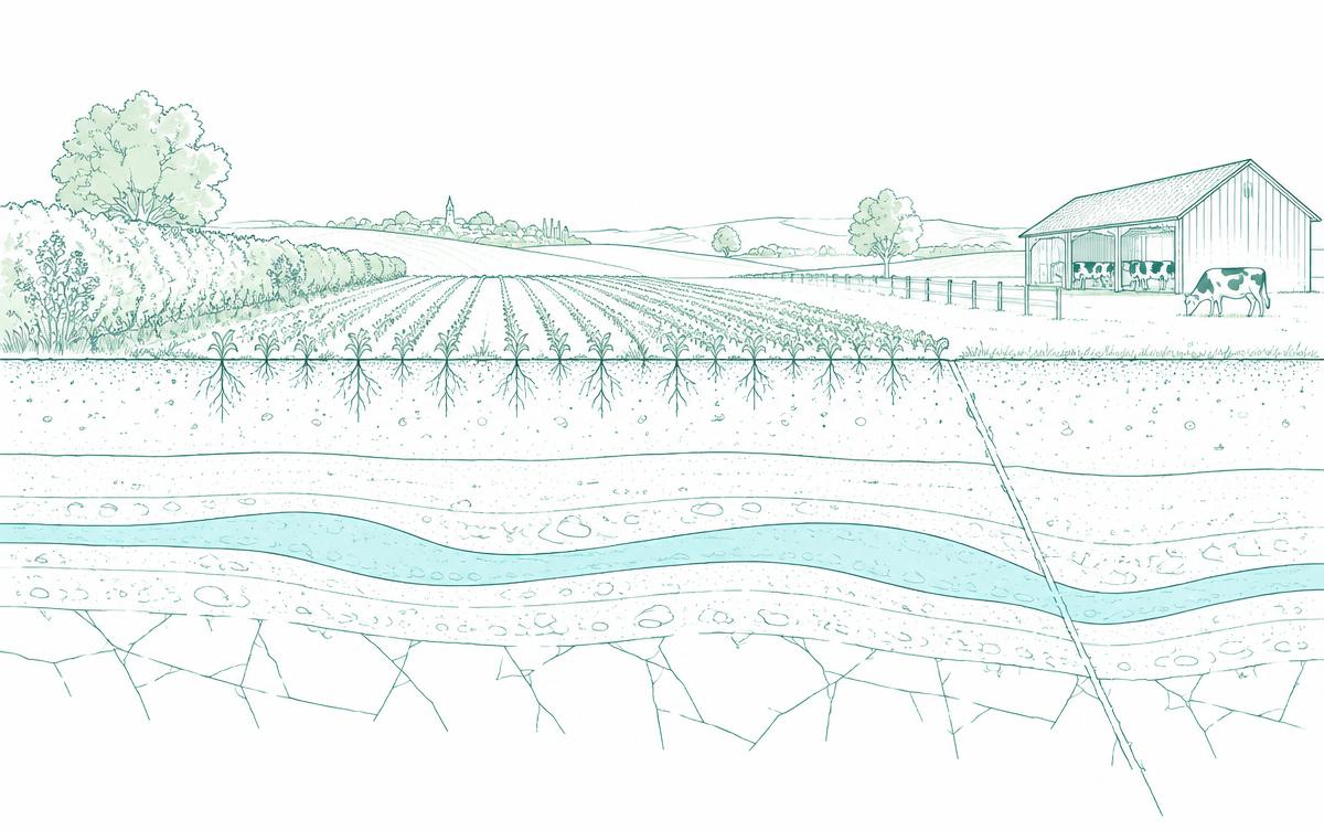 Illustration au trait fin vert d'eau : coupe d'une exploitation agricole avec champ, haie, étable et veine d'eau souterraine turquoise sous le sol.