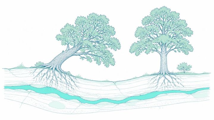 Chêne majestueux penché au-dessus d'une veine d'eau souterraine turquoise, bio-indicateur d'une perturbation tellurique.