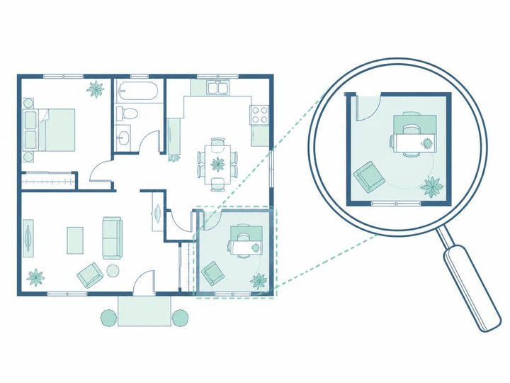Étude de cas géobiologique : plan de maison annoté avec relevés de terrain.
