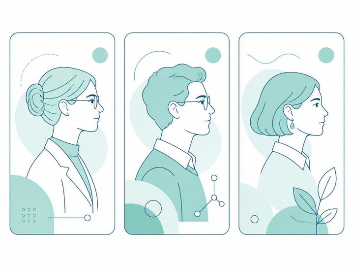 Portraits stylisés de chercheurs en géobiologie et radiesthésie.
