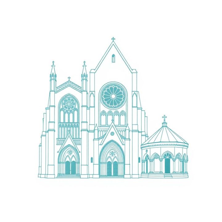 Façade de cathédrale gothique avec rosace, cloître cistercien et petit temple antique au trait vert d'eau.