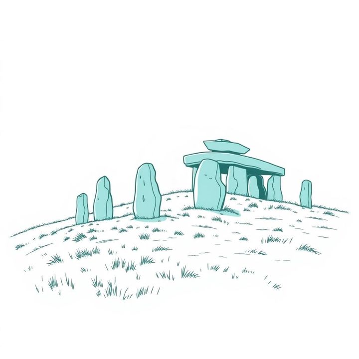 Menhirs et dolmen alignés sur une colline, illustration au trait fin vert d'eau.
