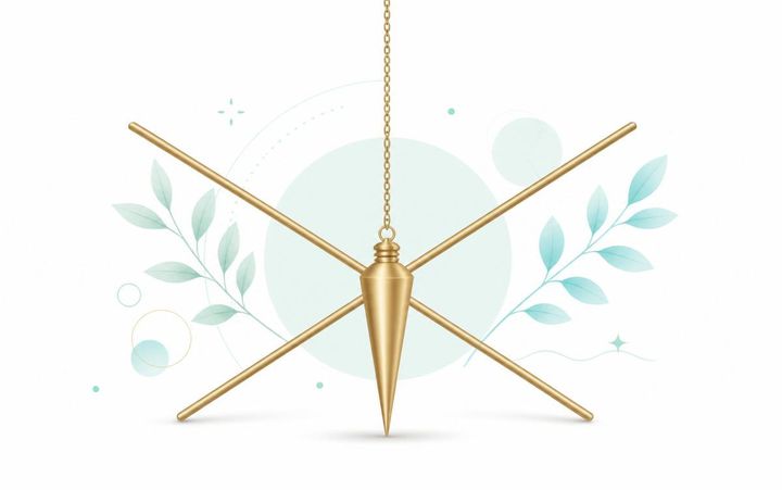 Pendule radiesthésique et baguettes coudées en laiton sur fond blanc.