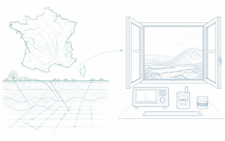 Illustration en traits fins verts d'eau : instruments de mesure et baguettes de sourcier séparés par une ligne pointillée, évoquant le dualisme cartésien.