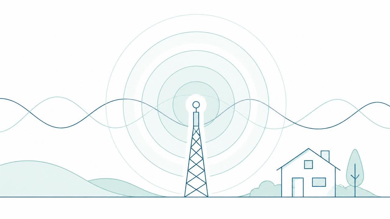 Ondes électromagnétiques et hyperfréquences se propageant au-dessus d'un paysage urbain avec antennes-relais