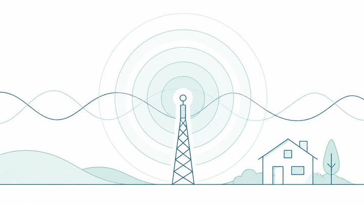 Ondes électromagnétiques et antennes-relais sur fond nocturne.