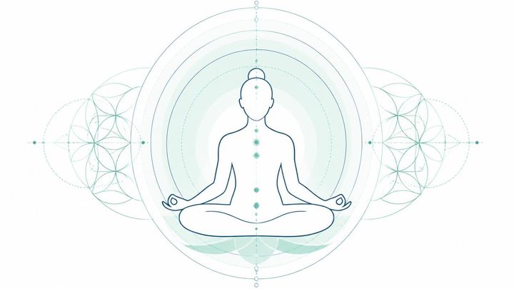 Silhouette humaine en méditation avec centres énergétiques lumineux.