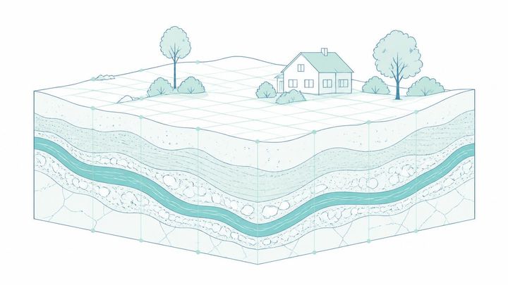 Coupe géologique lumineuse montrant failles et veines d'eau souterraines.