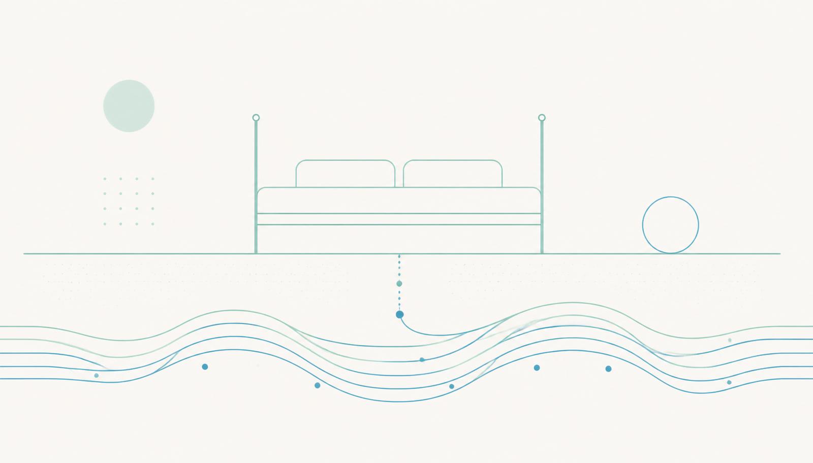 Illustration d'un cours d'eau souterrain sous un lit : silhouette de lit au-dessus de lignes ondulantes bleu-vert