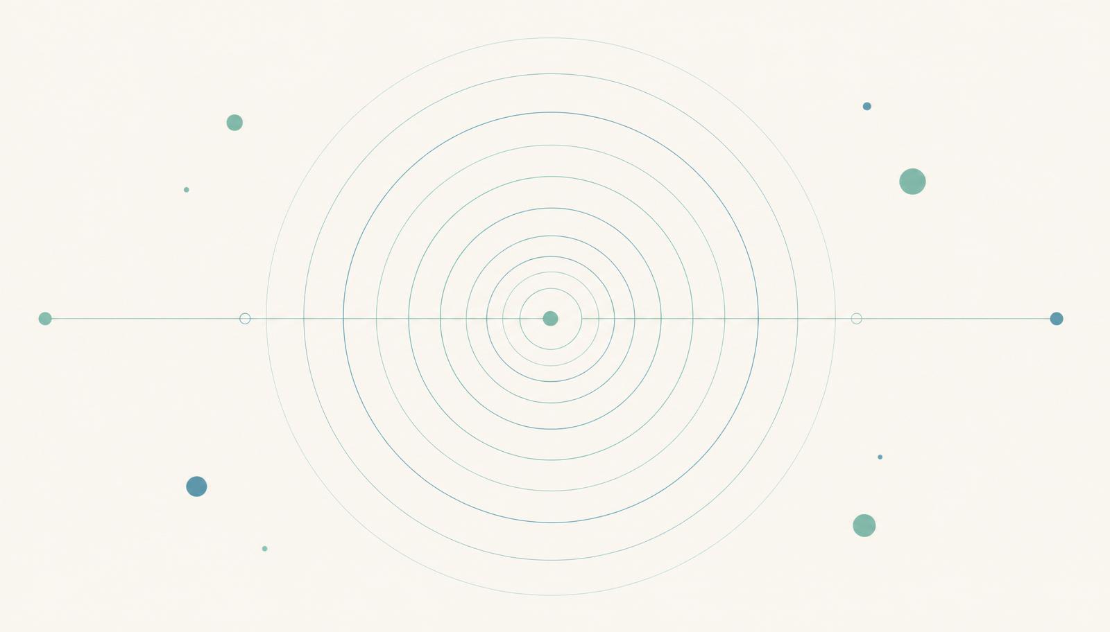 Illustration des ondes telluriques : cercles concentriques en dégradé vert d'eau et bleu lagon