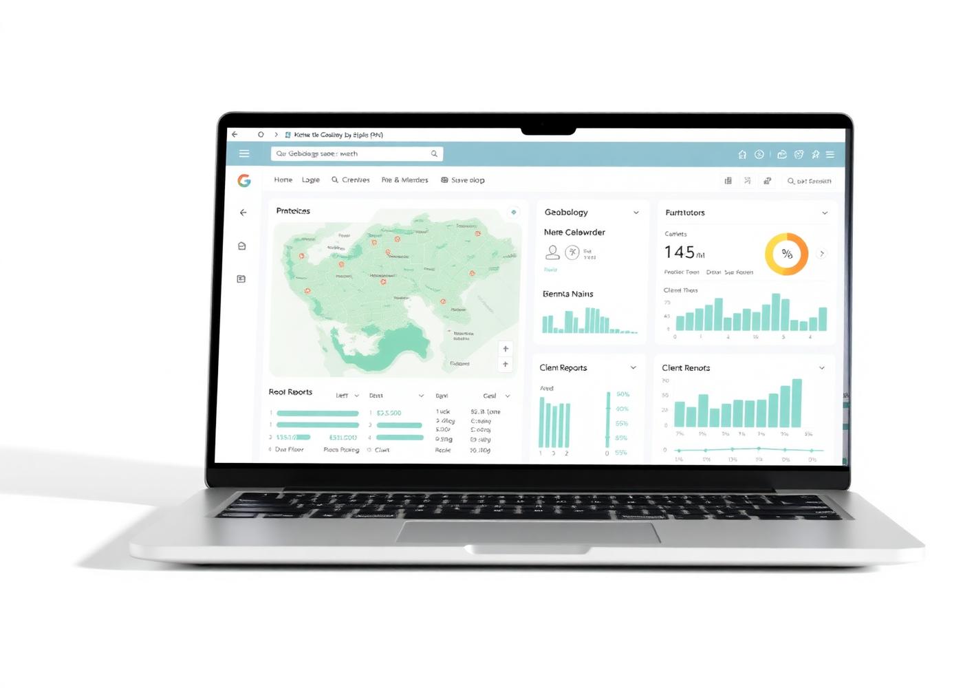 GeoBioScan affiché sur ordinateur portable : cartographie, dossiers clients et rapports